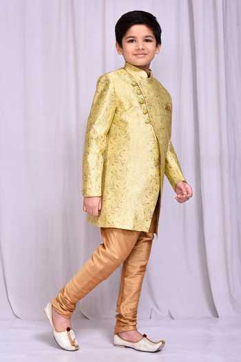 Petite Pomme_Green Jacquard Embroidery Floral Vine Pattern Sherwani _at_Aza_Fashions