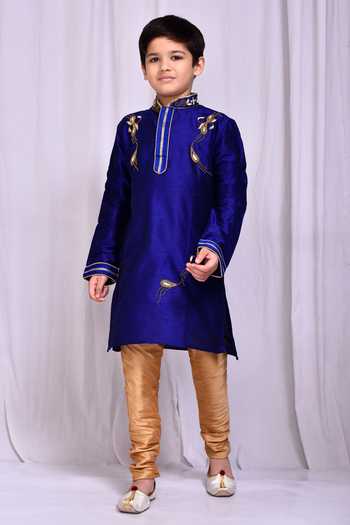 Shop_Petite Pomme_Blue Silk Zari Placement Embroidered Kurta With Churidar _Online_at_Aza_Fashions