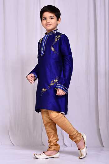 Petite Pomme_Blue Silk Zari Placement Embroidered Kurta With Churidar _at_Aza_Fashions