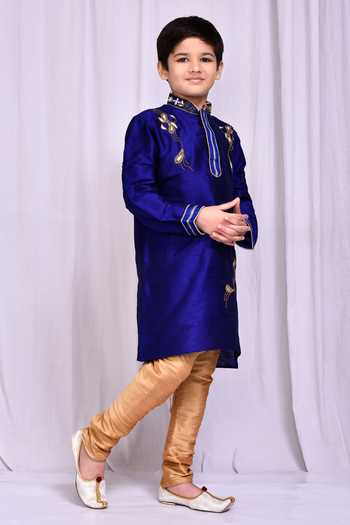 Buy_Petite Pomme_Blue Silk Zari Placement Embroidered Kurta With Churidar 