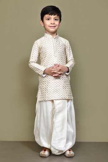 Petite Pomme_Cream Silk Geometric Pattern Kurta Set _Online_at_Aza_Fashions