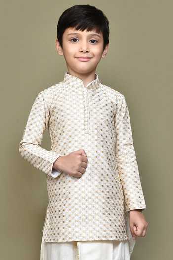 Buy_Petite Pomme_Cream Silk Geometric Pattern Kurta Set _Online_at_Aza_Fashions
