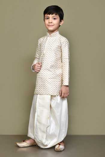 Shop_Petite Pomme_Cream Silk Geometric Pattern Kurta Set _Online_at_Aza_Fashions