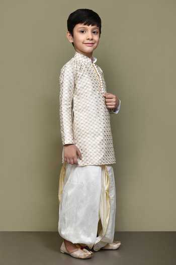 Petite Pomme_Cream Silk Geometric Pattern Kurta Set _at_Aza_Fashions