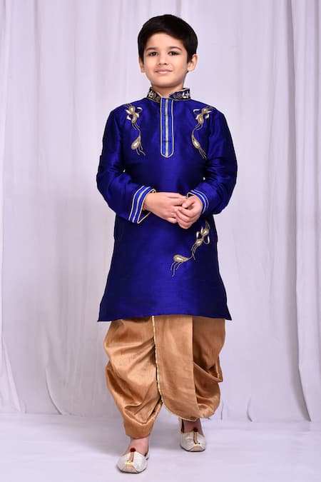 Petite Pomme Blue Silk, Cotton Zari Placement Embroidered Kurta With Dhoti Pant 