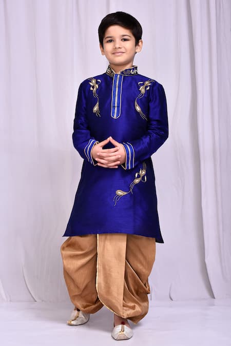 Buy_Petite Pomme_Blue Silk, Cotton Zari Placement Embroidered Kurta With Dhoti Pant _Online_at_Aza_Fashions