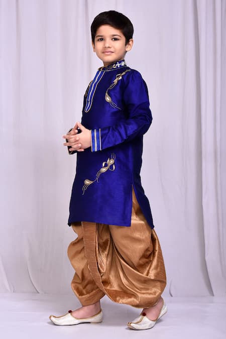 Petite Pomme_Blue Silk, Cotton Zari Placement Embroidered Kurta With Dhoti Pant _at_Aza_Fashions