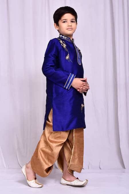 Buy_Petite Pomme_Blue Silk, Cotton Zari Placement Embroidered Kurta With Dhoti Pant 