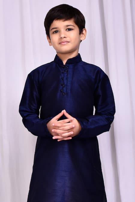 Shop_Petite Pomme_Blue Silk, Chanderi Navy Mandarin Collar Kurta Set _Online_at_Aza_Fashions