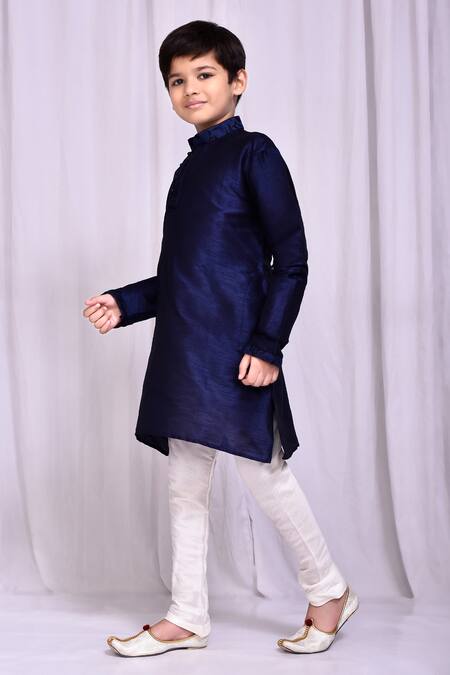 Petite Pomme_Blue Silk, Chanderi Navy Mandarin Collar Kurta Set _at_Aza_Fashions