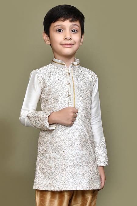Shop_Petite Pomme_White Silk Embroidery Threadwork Kurta Set _Online_at_Aza_Fashions