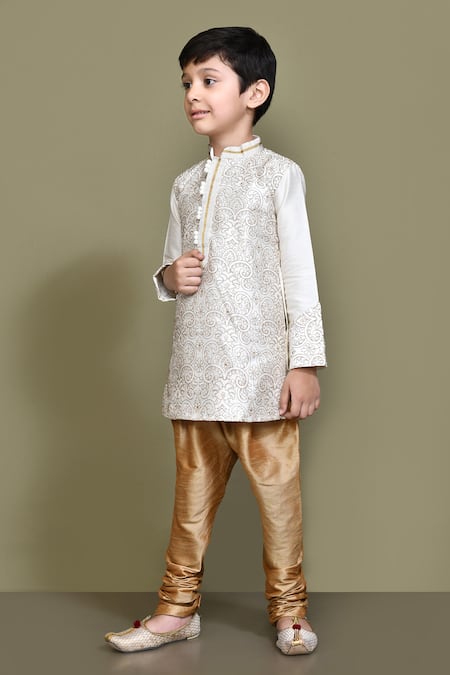 Petite Pomme_White Silk Embroidery Threadwork Kurta Set _at_Aza_Fashions