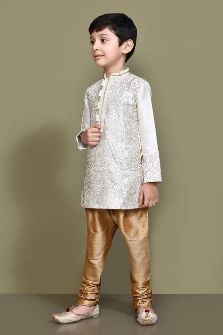 Shop_Petite Pomme_White Silk Embroidery Threadwork Kurta _Online_at_Aza_Fashions