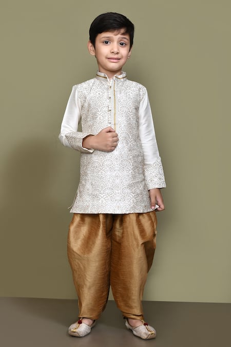 Petite Pomme White Silk Embroidery Threadwork Kurta And Patiala Pant Set 