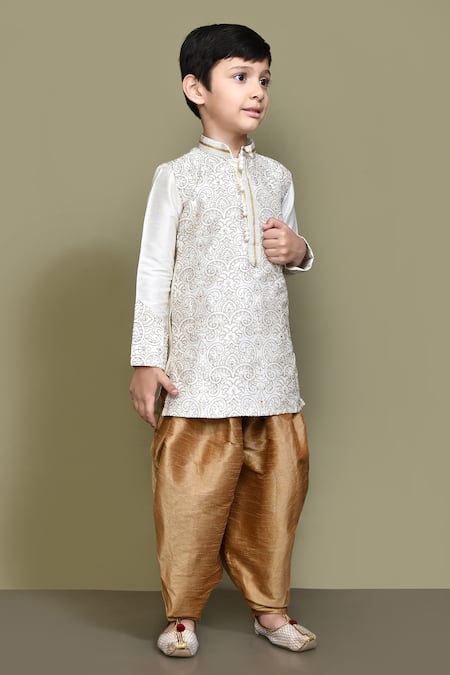 Petite Pomme_White Silk Embroidery Threadwork Kurta And Patiala Pant Set _at_Aza_Fashions