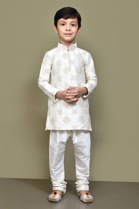 Petite Pomme_White Silk Embroidery Gota Kurta _Online_at_Aza_Fashions