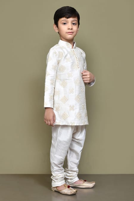 Petite Pomme_White Silk Embroidery Gota Kurta _at_Aza_Fashions
