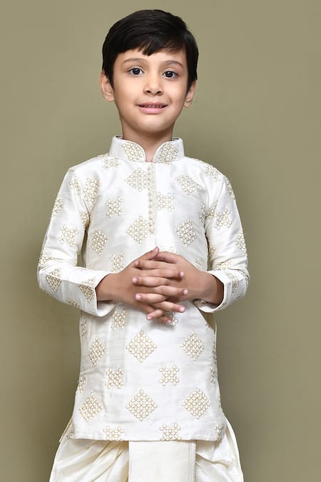 Petite Pomme_White Silk Gota Patti, Embroidery Kurta And Dhoti Pant Set _Online_at_Aza_Fashions