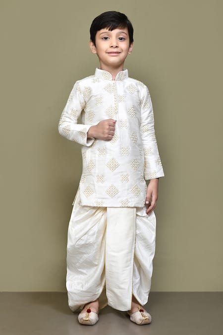 Shop_Petite Pomme_White Silk Gota Patti, Embroidery Kurta And Dhoti Pant Set _Online_at_Aza_Fashions
