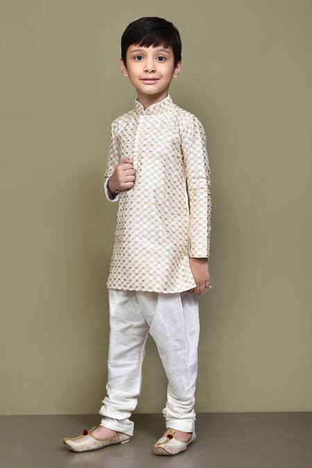Shop_Petite Pomme_Cream Silk Gota Patti, Embroidery Checkered Kurta _Online_at_Aza_Fashions