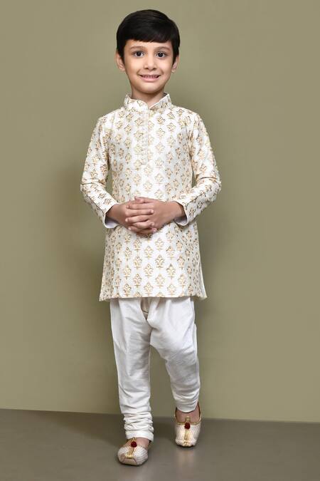 Petite Pomme_White Silk Embroidery Flower Kurta _Online_at_Aza_Fashions