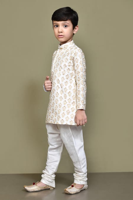 Buy_Petite Pomme_White Silk Embroidery Flower Kurta _Online_at_Aza_Fashions