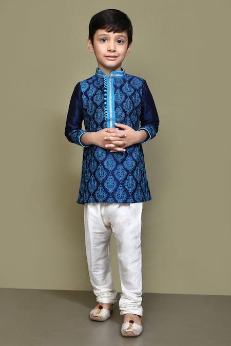 Petite Pomme_Blue Silk Embroidery Floral Paisley Kurta _Online_at_Aza_Fashions