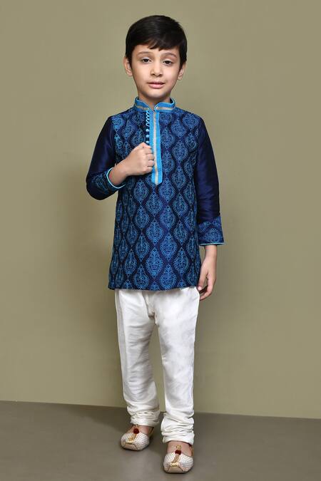 Shop_Petite Pomme_Blue Silk Embroidery Floral Paisley Kurta _Online_at_Aza_Fashions