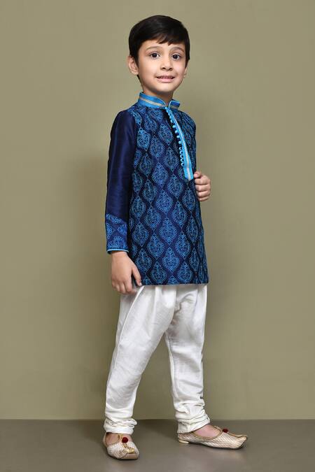 Petite Pomme_Blue Silk Embroidery Floral Paisley Kurta _at_Aza_Fashions