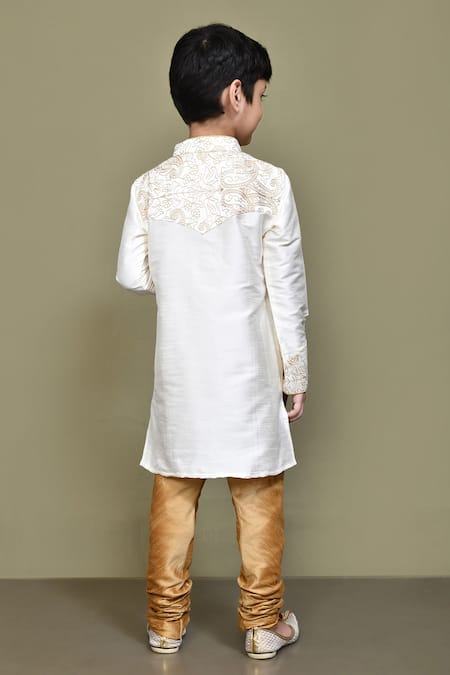 Shop_Petite Pomme_Cream Silk Embroidery Paisley Kurta _at_Aza_Fashions