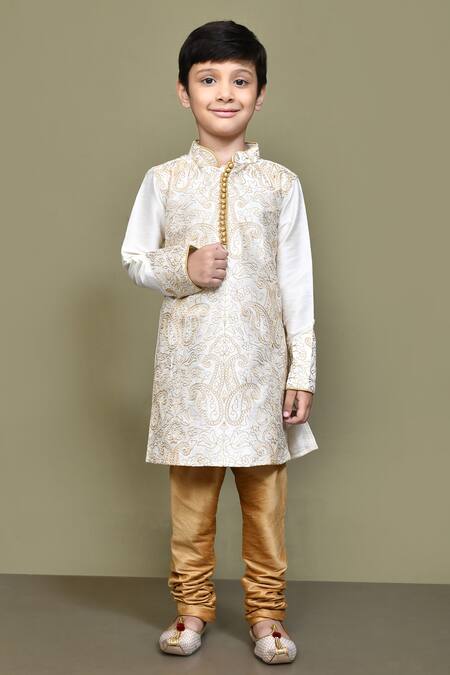 Petite Pomme_Cream Silk Embroidery Paisley Kurta _Online_at_Aza_Fashions