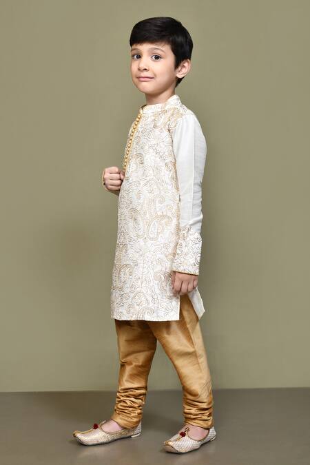 Shop_Petite Pomme_Cream Silk Embroidery Paisley Kurta _Online_at_Aza_Fashions
