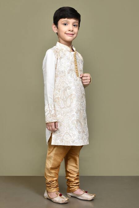 Petite Pomme_Cream Silk Embroidery Paisley Kurta _at_Aza_Fashions