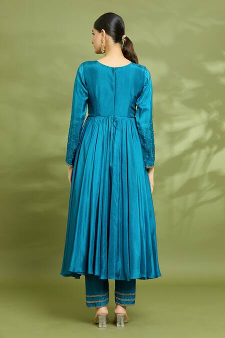 Shop Enamour By Radha Blue Chiffon, Silk Sequins, Pearls, Cut Work Yoke Embroidered Anarkali Pant Set at Aza Fashions Shop_Enamour By Radha_Blue Chiffon, Silk Sequins, Pearls, Cut Work Yoke Embroidered Anarkali Pant Set _at_Aza_Fashions