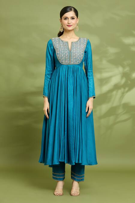 Enamour By Radha Blue Chiffon, Silk Sequins, Pearls, Cut Work Yoke Embroidered Anarkali Pant Set Online at Aza Fashions Enamour By Radha_Blue Chiffon, Silk Sequins, Pearls, Cut Work Yoke Embroidered Anarkali Pant Set _Online_at_Aza_Fashions