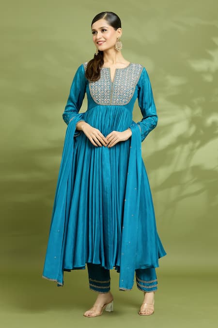 Buy Enamour By Radha Blue Chiffon, Silk Sequins, Pearls, Cut Work Yoke Embroidered Anarkali Pant Set Online at Aza Fashions Buy_Enamour By Radha_Blue Chiffon, Silk Sequins, Pearls, Cut Work Yoke Embroidered Anarkali Pant Set _Online_at_Aza_Fashions