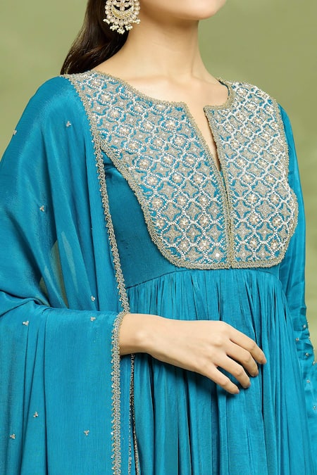 Shop Enamour By Radha Blue Chiffon, Silk Sequins, Pearls, Cut Work Yoke Embroidered Anarkali Pant Set Online at Aza Fashions Shop_Enamour By Radha_Blue Chiffon, Silk Sequins, Pearls, Cut Work Yoke Embroidered Anarkali Pant Set _Online_at_Aza_Fashions