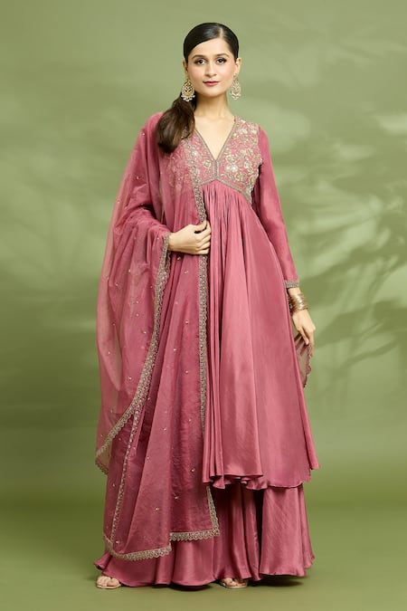 Enamour By Radha Pink Silk, Organza Sequins, Zari Yoke Embroidered Anarkali Sharara Set 