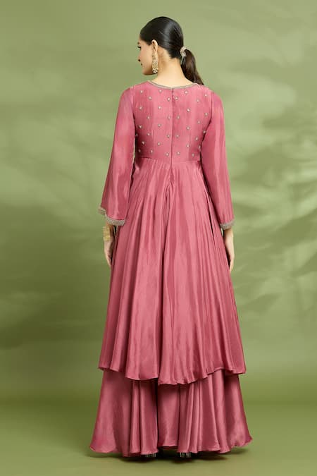 Shop Enamour By Radha Pink Silk, Organza Sequins, Zari Yoke Embroidered Anarkali Sharara Set at Aza Fashions Shop_Enamour By Radha_Pink Silk, Organza Sequins, Zari Yoke Embroidered Anarkali Sharara Set _at_Aza_Fashions