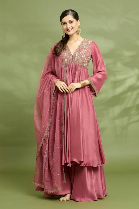 Shop Enamour By Radha Pink Silk, Organza Sequins, Zari Yoke Embroidered Anarkali Sharara Set Online at Aza Fashions Shop_Enamour By Radha_Pink Silk, Organza Sequins, Zari Yoke Embroidered Anarkali Sharara Set _Online_at_Aza_Fashions