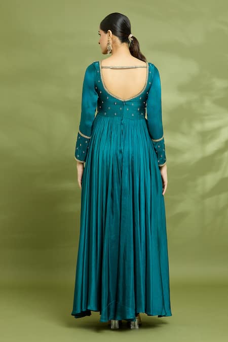 Shop Enamour By Radha Blue Chiffon, Silk, Linen Embroidery V-neck Yoke Anarkali With Dupatta at Aza Fashions Shop_Enamour By Radha_Blue Chiffon, Silk, Linen Embroidery V-neck Yoke Anarkali With Dupatta _at_Aza_Fashions