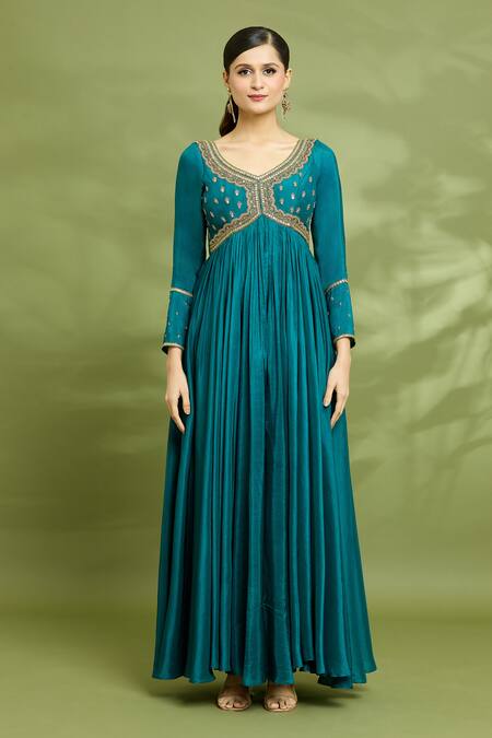Enamour By Radha Blue Chiffon, Silk, Linen Embroidery V-neck Yoke Anarkali With Dupatta Online at Aza Fashions Enamour By Radha_Blue Chiffon, Silk, Linen Embroidery V-neck Yoke Anarkali With Dupatta _Online_at_Aza_Fashions