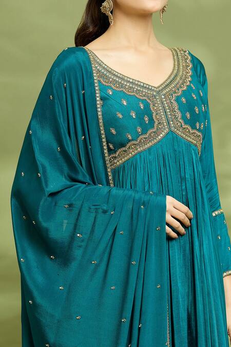 Buy Enamour By Radha Blue Chiffon, Silk, Linen Embroidery V-neck Yoke Anarkali With Dupatta Online at Aza Fashions Buy_Enamour By Radha_Blue Chiffon, Silk, Linen Embroidery V-neck Yoke Anarkali With Dupatta _Online_at_Aza_Fashions