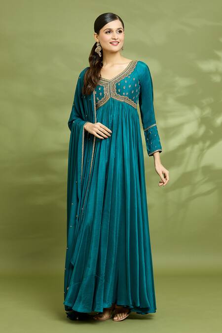 Enamour By Radha Blue Chiffon, Silk, Linen Embroidery V-neck Yoke Anarkali With Dupatta at Aza Fashions Enamour By Radha_Blue Chiffon, Silk, Linen Embroidery V-neck Yoke Anarkali With Dupatta _at_Aza_Fashions