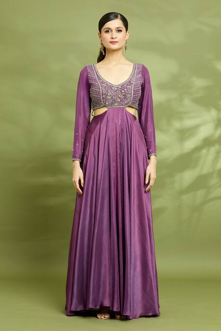 Enamour By Radha Purple Chiffon, Silk Sequins, Yoke Aari Embroidered Anarkali With Dupatta Online at Aza Fashions Enamour By Radha_Purple Chiffon, Silk Sequins, Yoke Aari Embroidered Anarkali With Dupatta _Online_at_Aza_Fashions