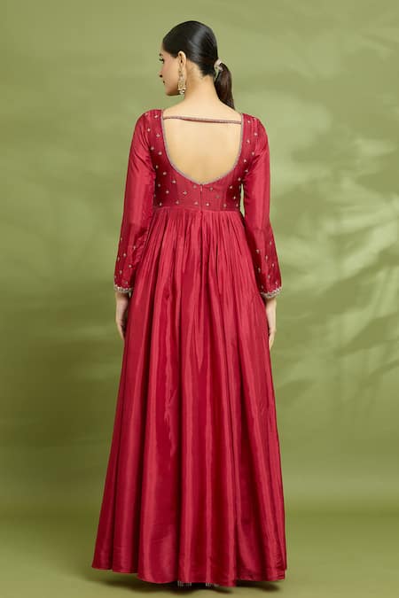 Shop Enamour By Radha Red Net, Linen, Silk Embroidery, Zari V-neck Yoke Zardosi Anarkali With Dupatta at Aza Fashions Shop_Enamour By Radha_Red Net, Linen, Silk Embroidery, Zari V-neck Yoke Zardosi Anarkali With Dupatta _at_Aza_Fashions