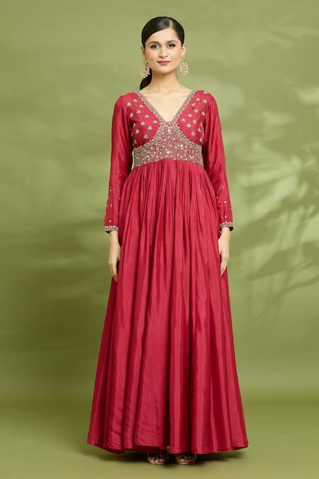 Enamour By Radha Red Net, Linen, Silk Embroidery, Zari V-neck Yoke Zardosi Anarkali With Dupatta Online at Aza Fashions Enamour By Radha_Red Net, Linen, Silk Embroidery, Zari V-neck Yoke Zardosi Anarkali With Dupatta _Online_at_Aza_Fashions