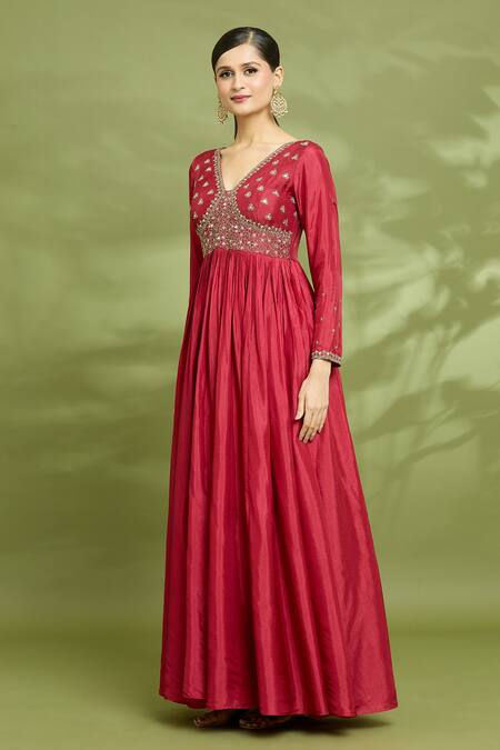 Buy Enamour By Radha Red Net, Linen, Silk Embroidery, Zari V-neck Yoke Zardosi Anarkali With Dupatta Online at Aza Fashions Buy_Enamour By Radha_Red Net, Linen, Silk Embroidery, Zari V-neck Yoke Zardosi Anarkali With Dupatta _Online_at_Aza_Fashions