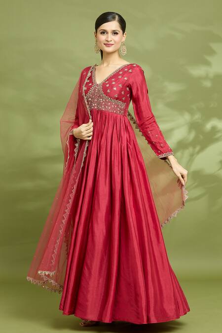 Shop Enamour By Radha Red Net, Linen, Silk Embroidery, Zari V-neck Yoke Zardosi Anarkali With Dupatta Online at Aza Fashions Shop_Enamour By Radha_Red Net, Linen, Silk Embroidery, Zari V-neck Yoke Zardosi Anarkali With Dupatta _Online_at_Aza_Fashions