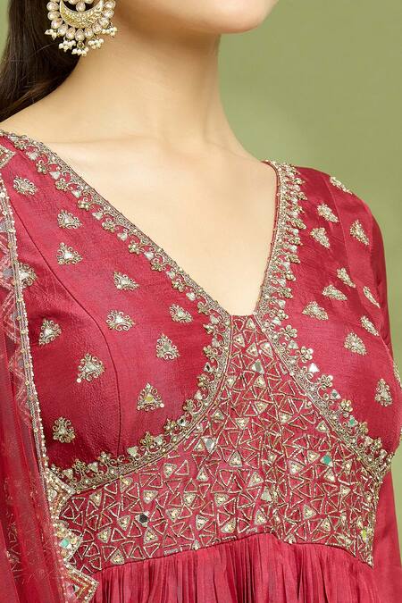 Enamour By Radha Red Net, Linen, Silk Embroidery, Zari V-neck Yoke Zardosi Anarkali With Dupatta at Aza Fashions Enamour By Radha_Red Net, Linen, Silk Embroidery, Zari V-neck Yoke Zardosi Anarkali With Dupatta _at_Aza_Fashions